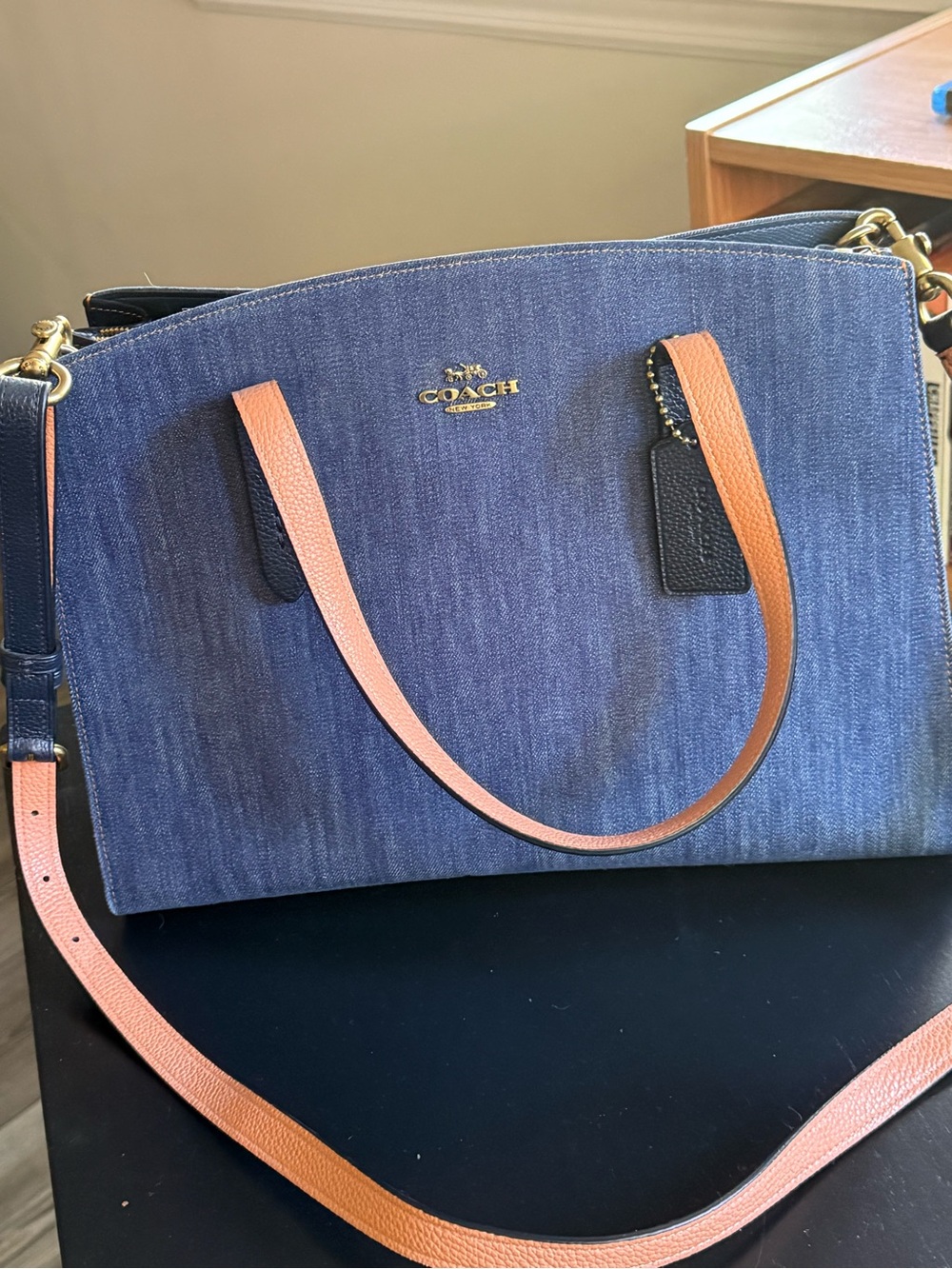 Coach Denim Shoulder Bag in Blue with Tan Straps